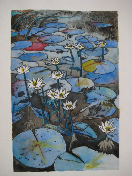 Watercolour - blue water lillies on a pond.