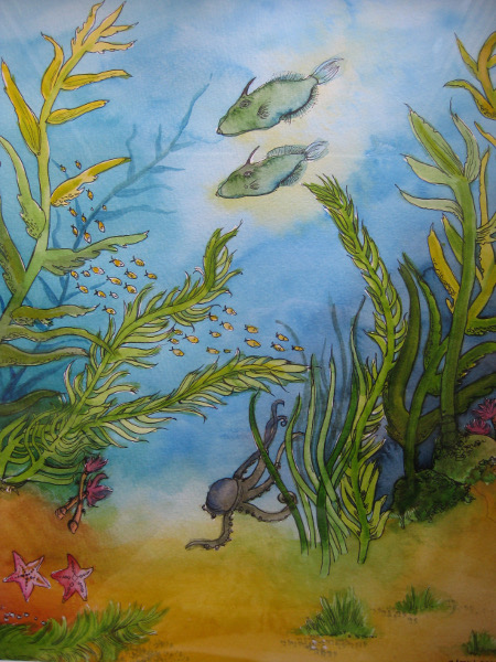 Watercolour - trigger fish and an octopus in amongst seaweed.