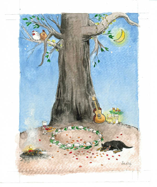 Watercolour - Wedding is Over - moon overhead, chooks sitting on branches, a tired dog sleeping while a guitar leans on the trunk of a gum tree next to some plates and glasses.
