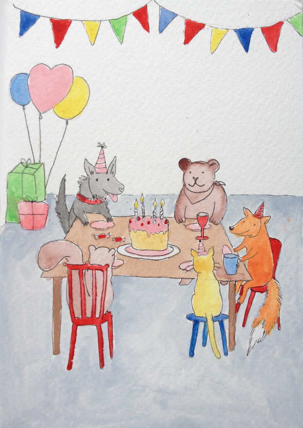 Watercolour - Animal Birthday Party - a squirrel, dog, teddy bear, fox and cat sit at a table with a cake, with presents in the background.