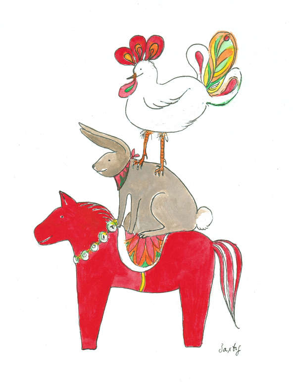 Watercolour - Animal stack - a paradise bird standing on a rabbit sitting on a pony.