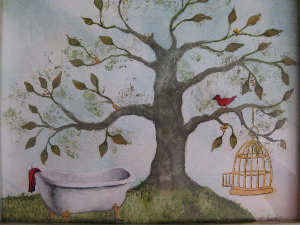 Watercolour - Backyard Bathtub - a bathtub underneath the branches of a tree with a golden cage and a bird on a branch.