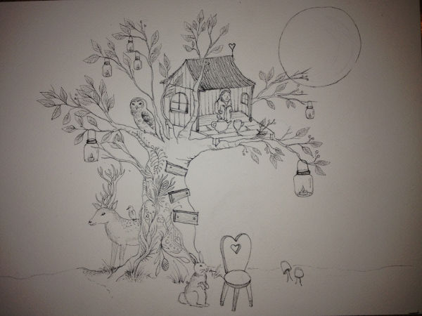 Ink sketch - Full Moon Tea Party - a tea party in a tree house.