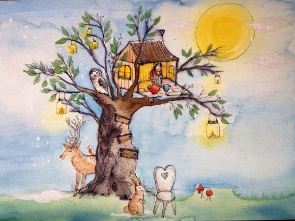 Watercolour - Full Moon Tea Party - a tea party in a tree house.