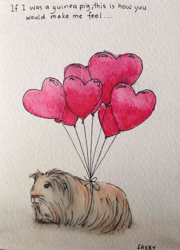 Watercolour - Guinea Pig Love - guinea pig with red heart-shaped balloons.