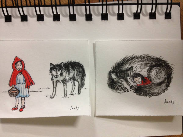 Watercolour - Make Friends with Your Wolf - little red riding hood with her wolf.