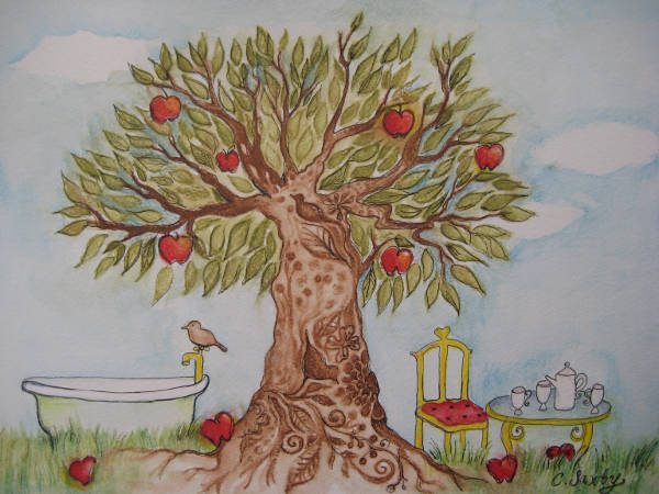 Watercolour - Tea Party - tea setting underneath an apple tree.