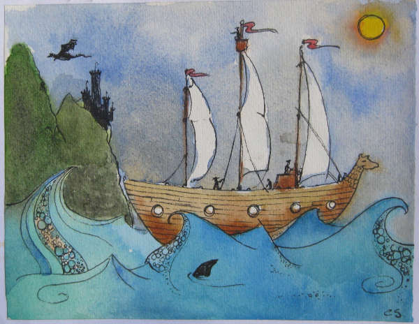 Watercolour - Viking Boat - viking boat in high seas near rocks.